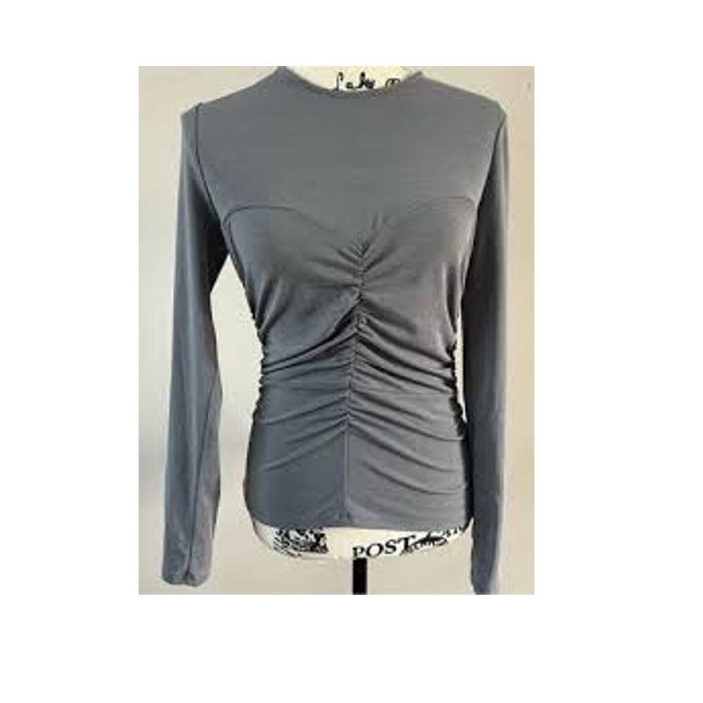 ASTR the Label Ruched Fitted Gray Long Sleeve Stretch Shirt Large